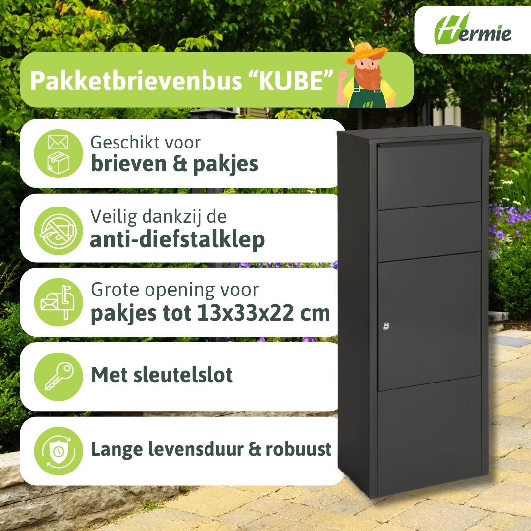 Staande-pakketbrievenbus-KUBE-mat-zwart-met-sleutelslot