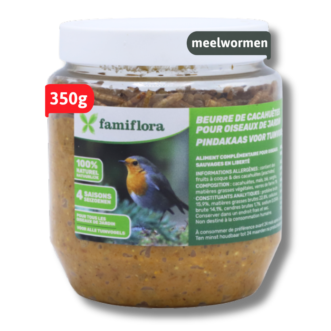 Famiflora beurre de cacahuètes pour oiseaux de jardin avec vers de farine - 350 gr - Beurre de cacahuètes pour oiseaux