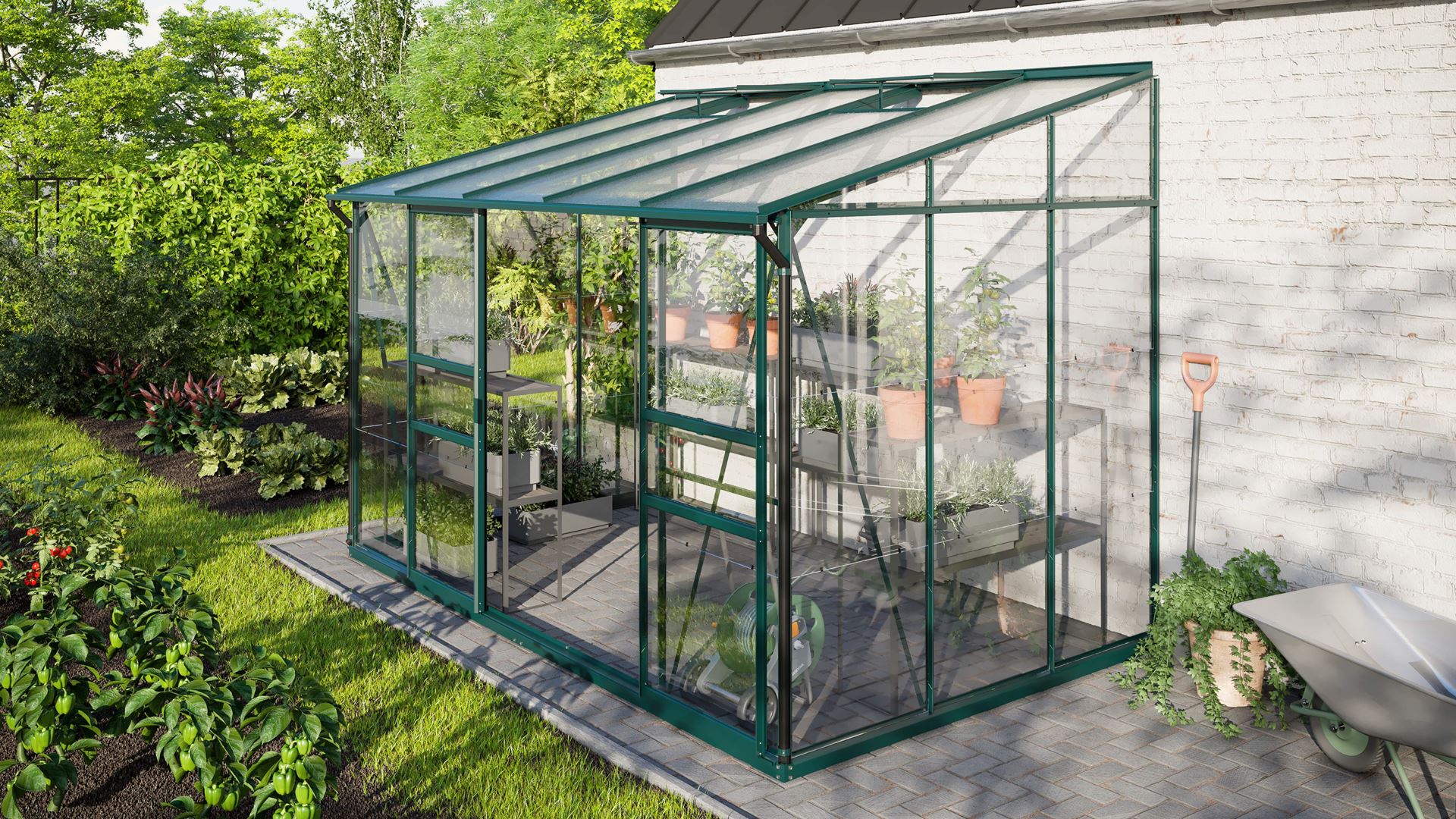 Vitavia Ida wall greenhouse 6.5m² with safety glass - Dark green - With double sliding door (W120 cm) and foundation
