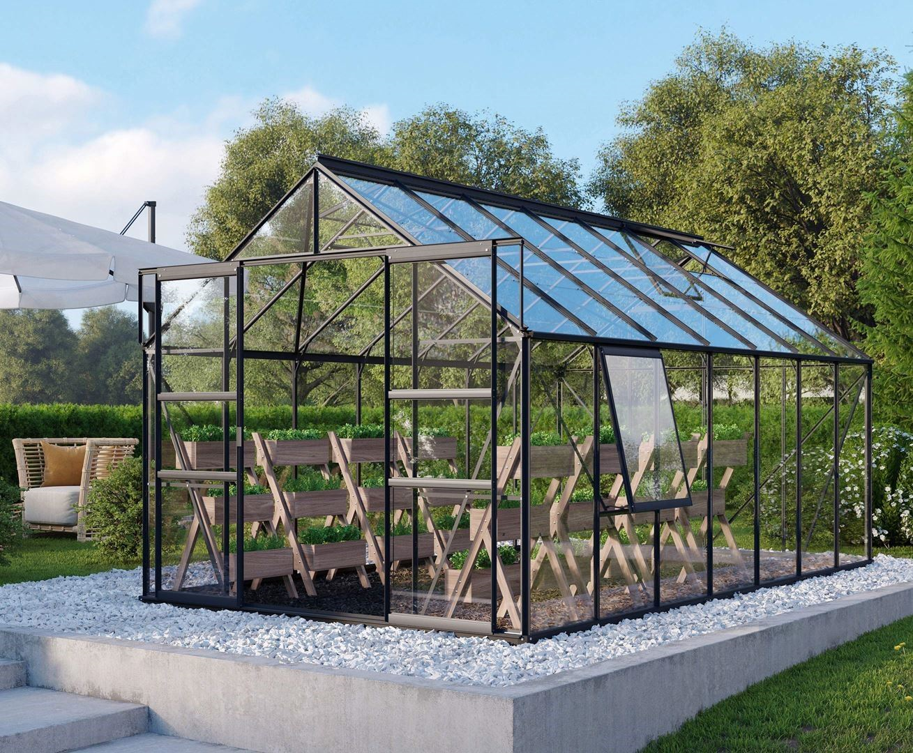 Vitavia Meridian 2 greenhouse 11.5m² with safety glass - Black - With double sliding door (W120 cm) and foundation