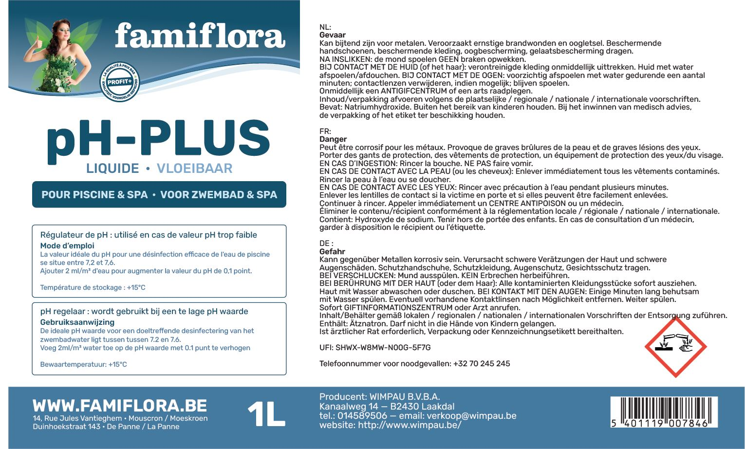 Famiflora pH-plus vloeibaar 1L - verhoogt de pH-waarde van je zwembad of spa!