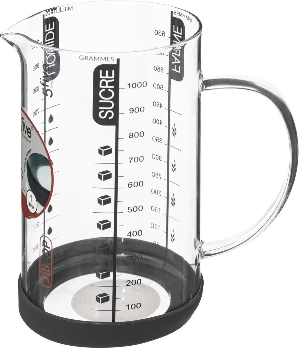 5Five Measuring cup 1L - Glass - Mixing cup with scale - Heat resistant - Transparent