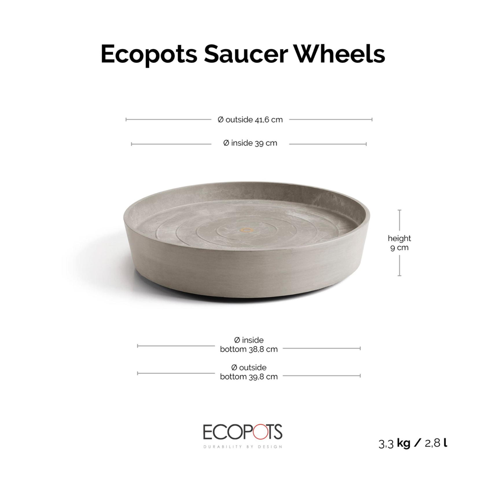 Ecopots onderschotel op wielen - Rond - Taupe - Diameter 41,6 x H9 cm