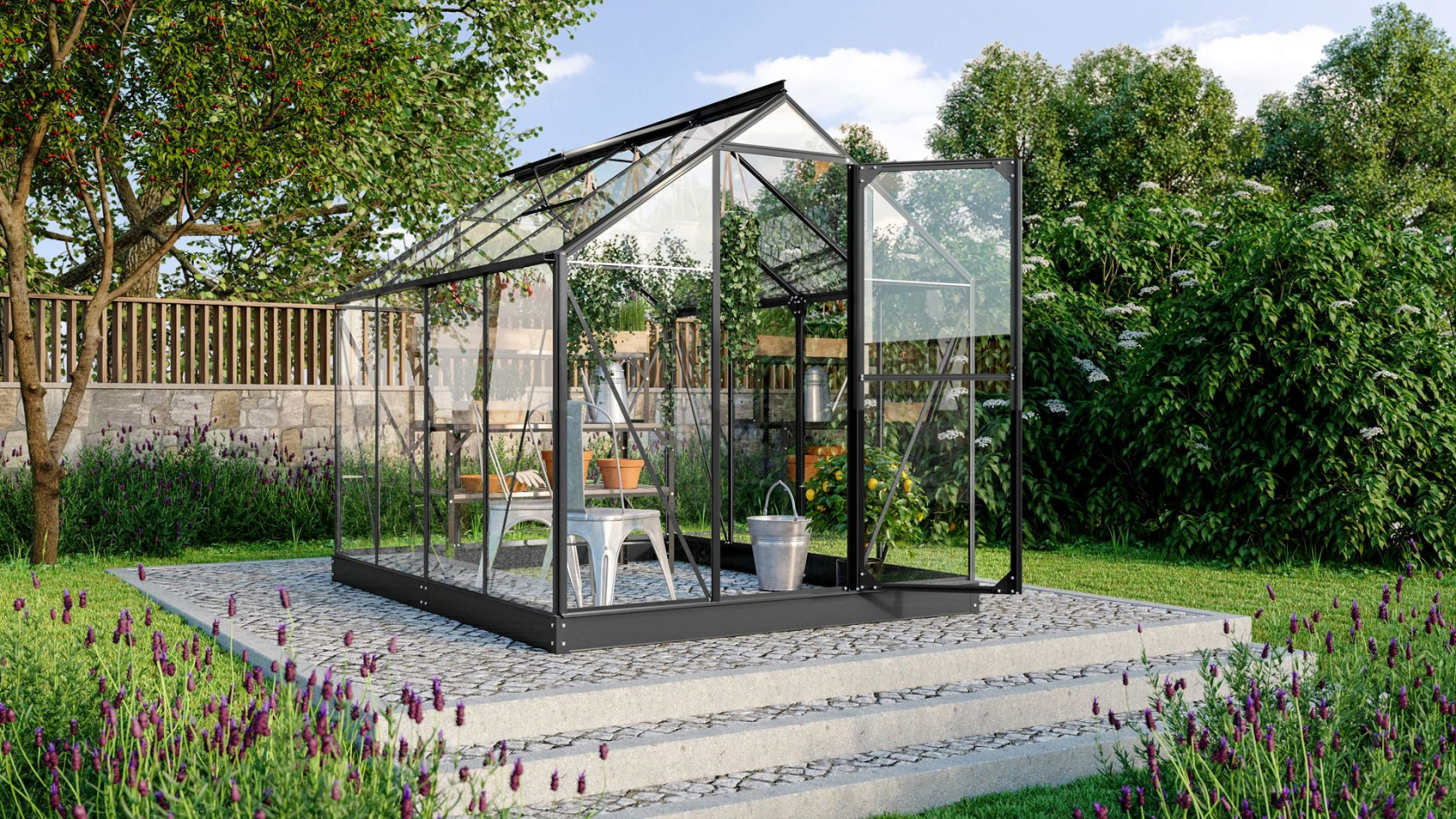 Vitavia Triton conservatory 5m² with safety glass - Black - With flexible door arrangement (can be set up as a sliding door or sliding door) and foundation