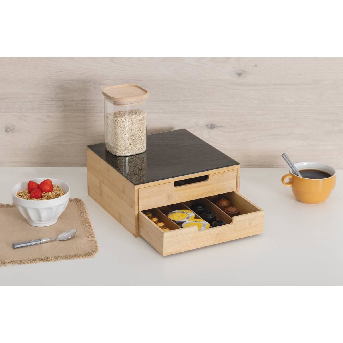 Bamboe-capsulehouder-Black-met-2-lades-uitneembare-verdelers-en-glazen-bovenplaat