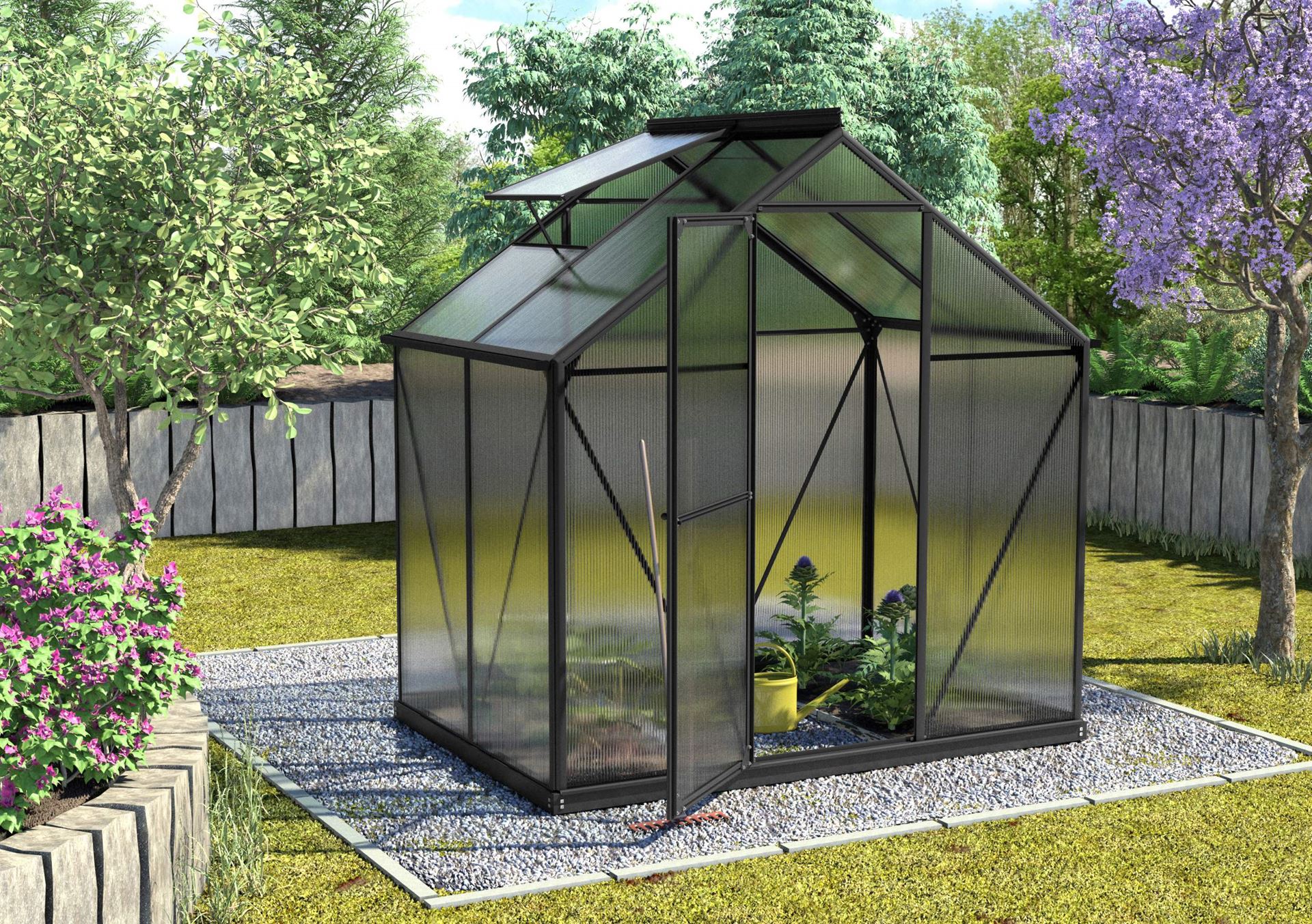 Vitavia Triton serre 2,6m² avec polycarbonate 6 mm - Noir - Avec porte flexible (porte à la française ou porte coulissante) et fondation