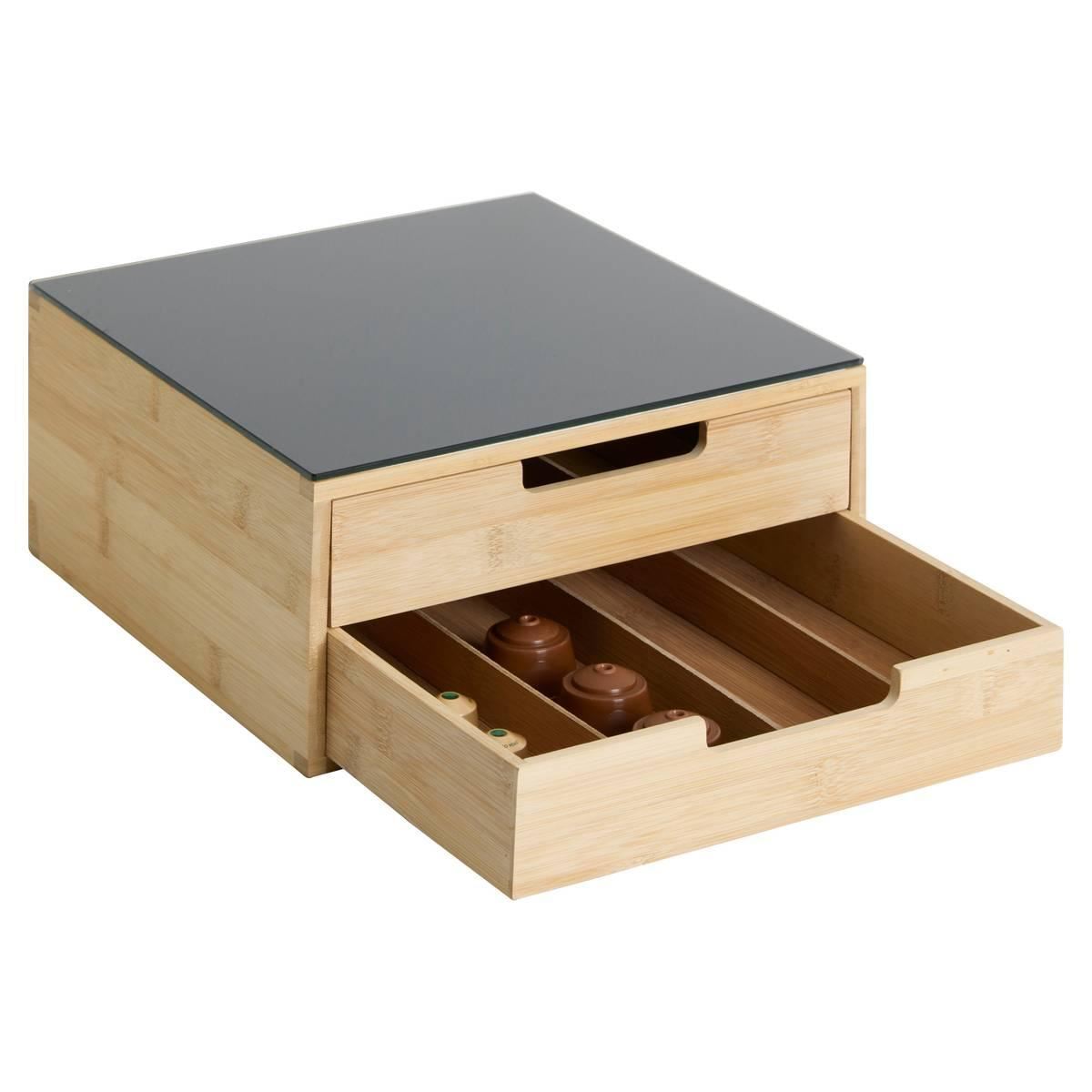 Bamboe-capsulehouder-Black-met-2-lades-uitneembare-verdelers-en-glazen-bovenplaat