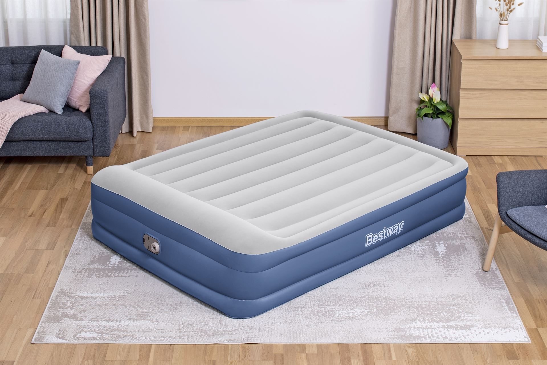 Bestway airbed 'Tritech Queen' - 203x152x46 cm - with side, built-in pump, deflating valve and pillow - blue/gray Bestway-2-03m-x-1-52m-x-46cm-Tritech-Air-Mattress-Queen-Built-in-AC-Pump