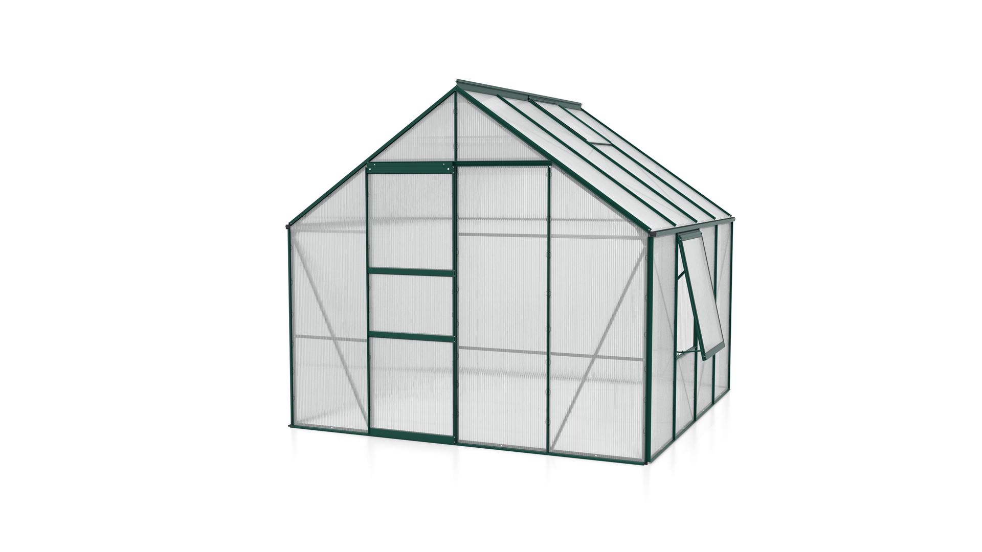 Meridian-1-6700-HKP4mm-donkergroen-Polycarbonaat-serre-Vrijstaand-B254-4-x-L254-4-x-H231-8-cm