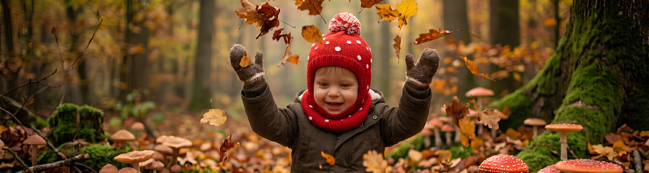 Un petit enfant lance des feuilles en automne