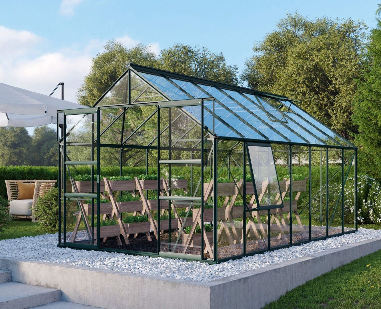 Vitavia Meridian 2 greenhouse 11.5m² with safety glass - Dark green - With double sliding door (W120 cm) and foundation