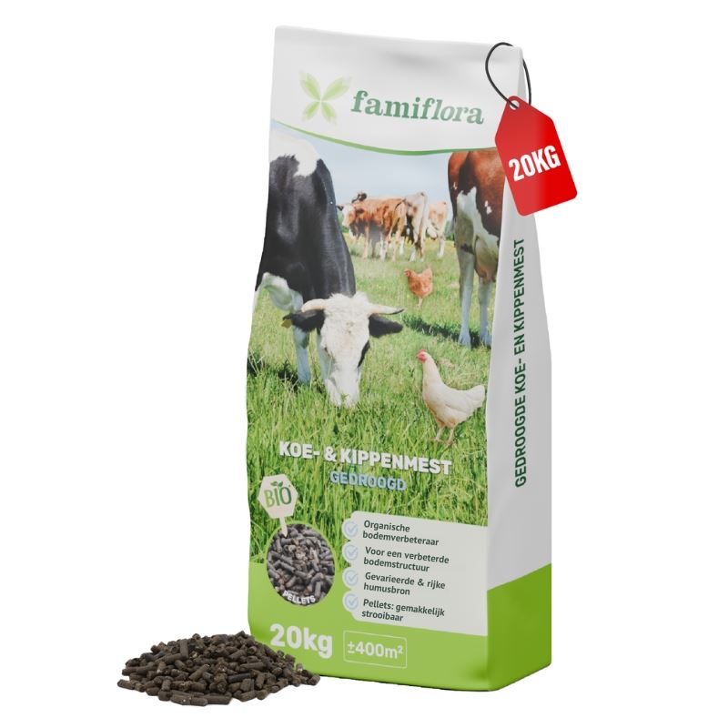 Famiflora gedroogde koe- & kippen mest 20 kg - pellets - voor 400 m²