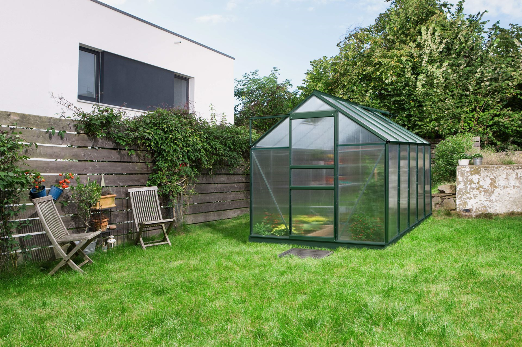 Serre Vitavia Venus 6.2m² avec polycarbonate 4mm - Vert foncé - Avec porte coulissante simple (B61 cm) et fondation