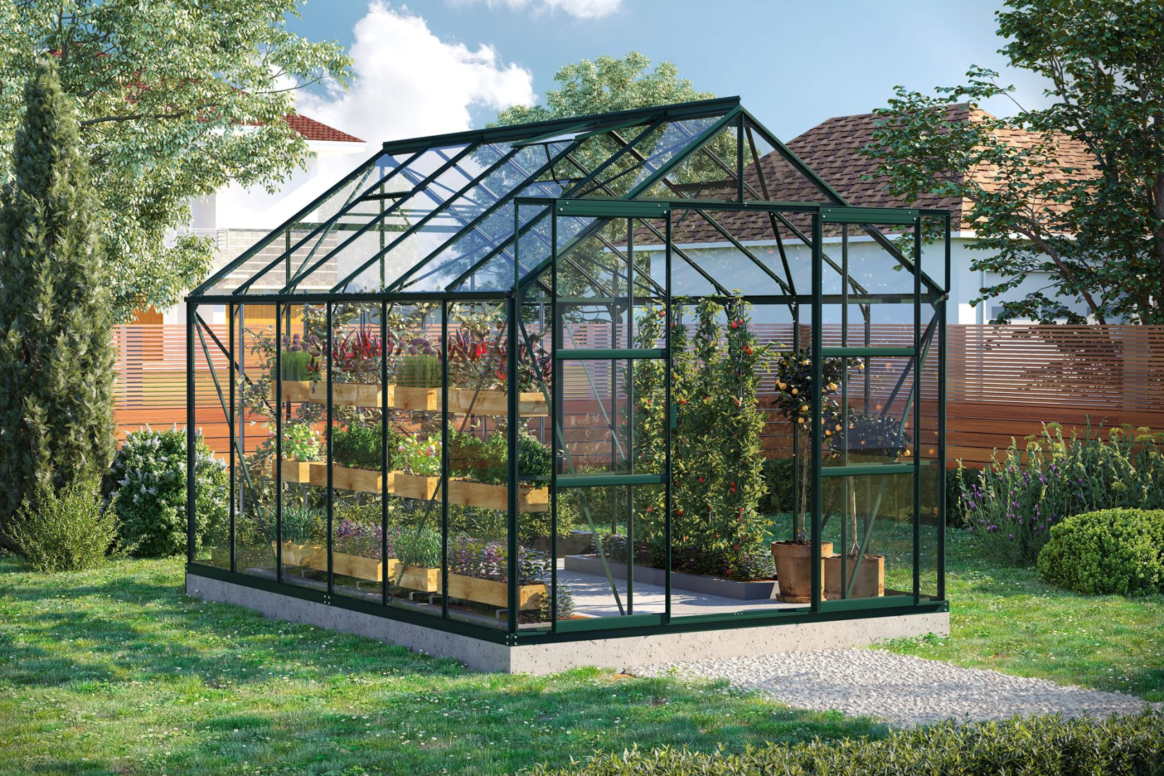 Vitavia Uranus greenhouse 9.9m² with safety glass - Dark green - With double sliding door (W120 cm) and foundation