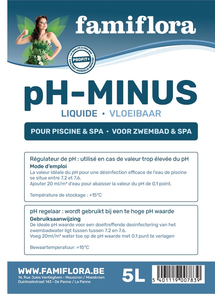 Famiflora pH-minus vloeibaar 5L - verlaagt de pH-waarde van je zwembad of spa!