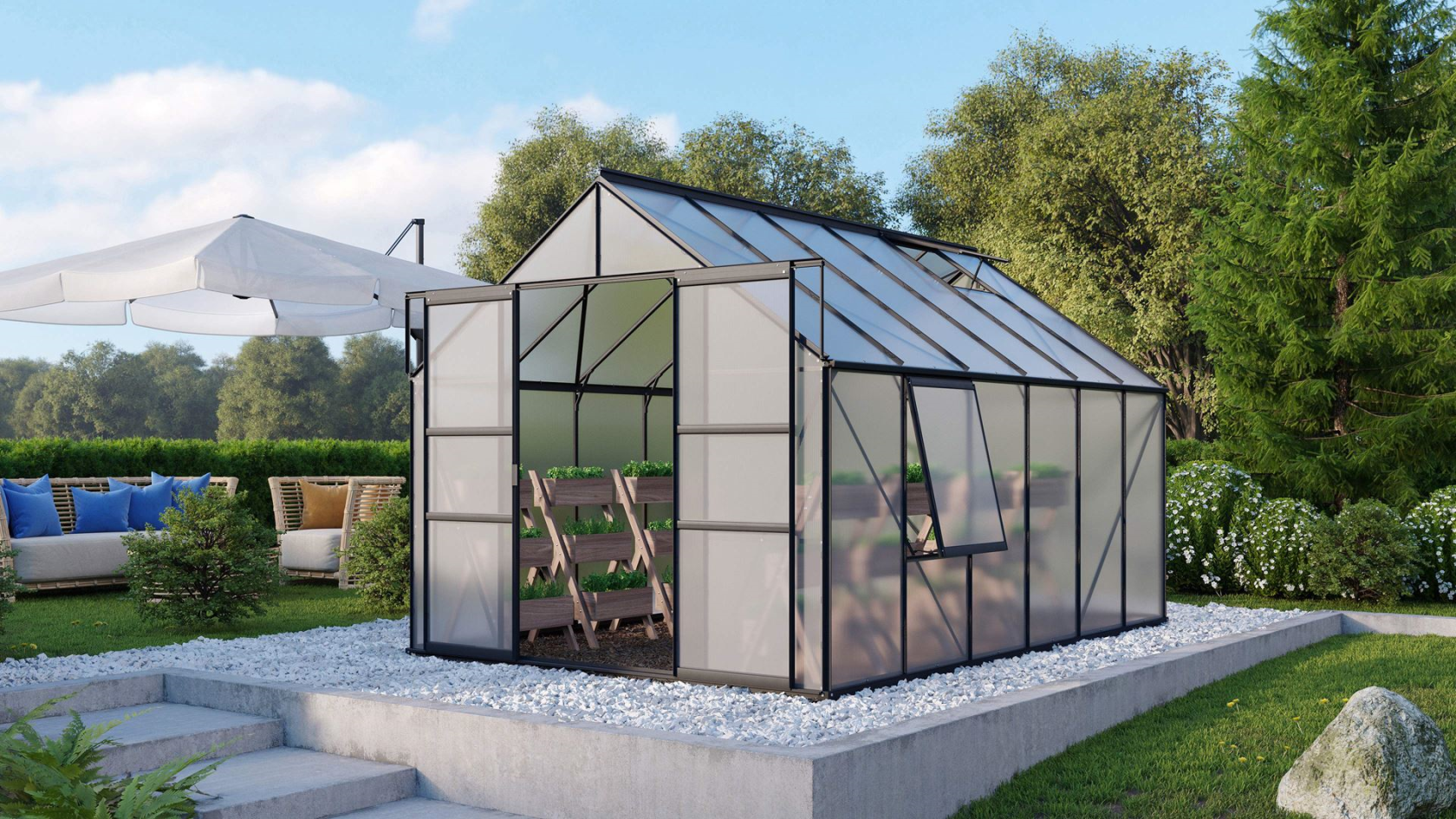 Vitavia Meridian 2 serre 9.9m² avec polycarbonate 4 mm - Noir - Avec double porte coulissante (L120 cm) et fondation
