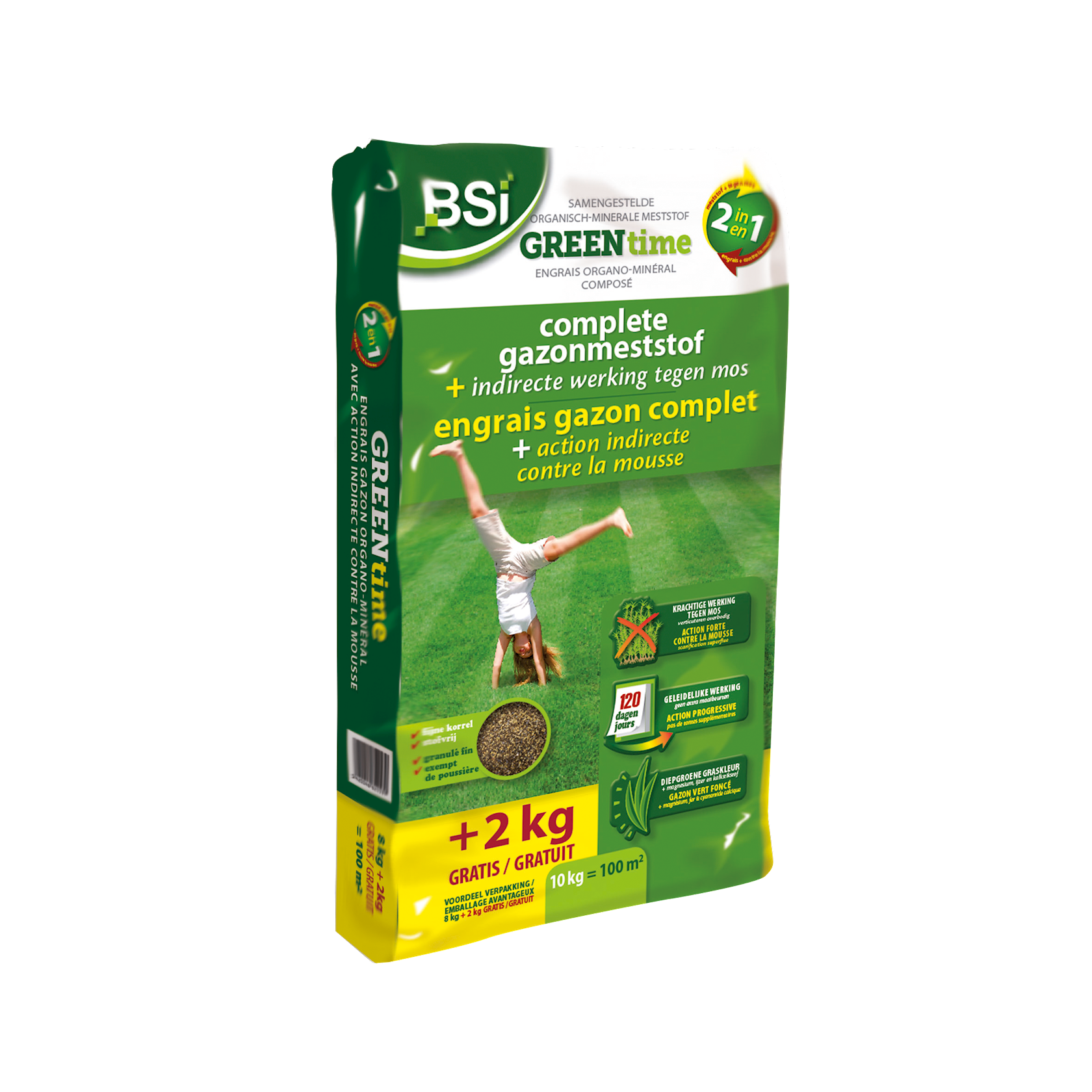 BSI Green Time 2-in-1 gazonmeststof met indirecte werking tegen mos - 10kg voor 100m²