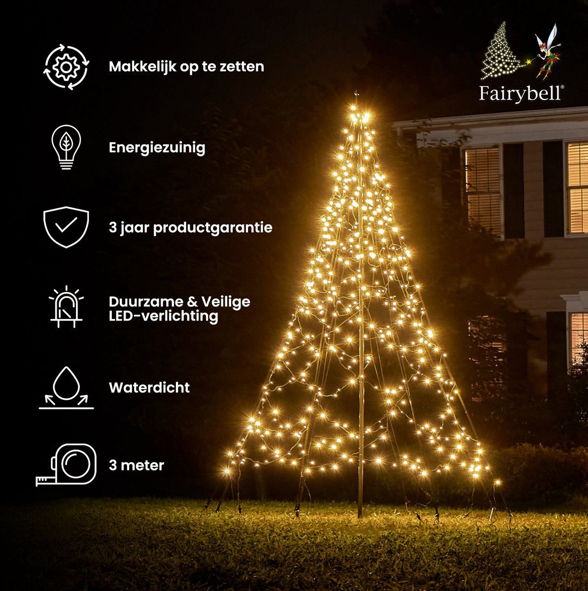 Fairybell vlaggenmast kerstboom - 300 cm - 480 twinkelende & warm witte ledlampjes - inclusief vlaggenmast