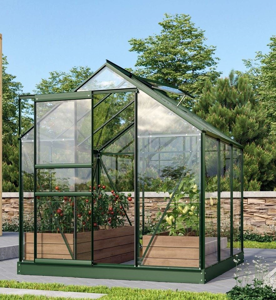 Vitavia Venus greenhouse 3.8m² with safety glass - Dark green - With single sliding door (B61 cm) and foundation
