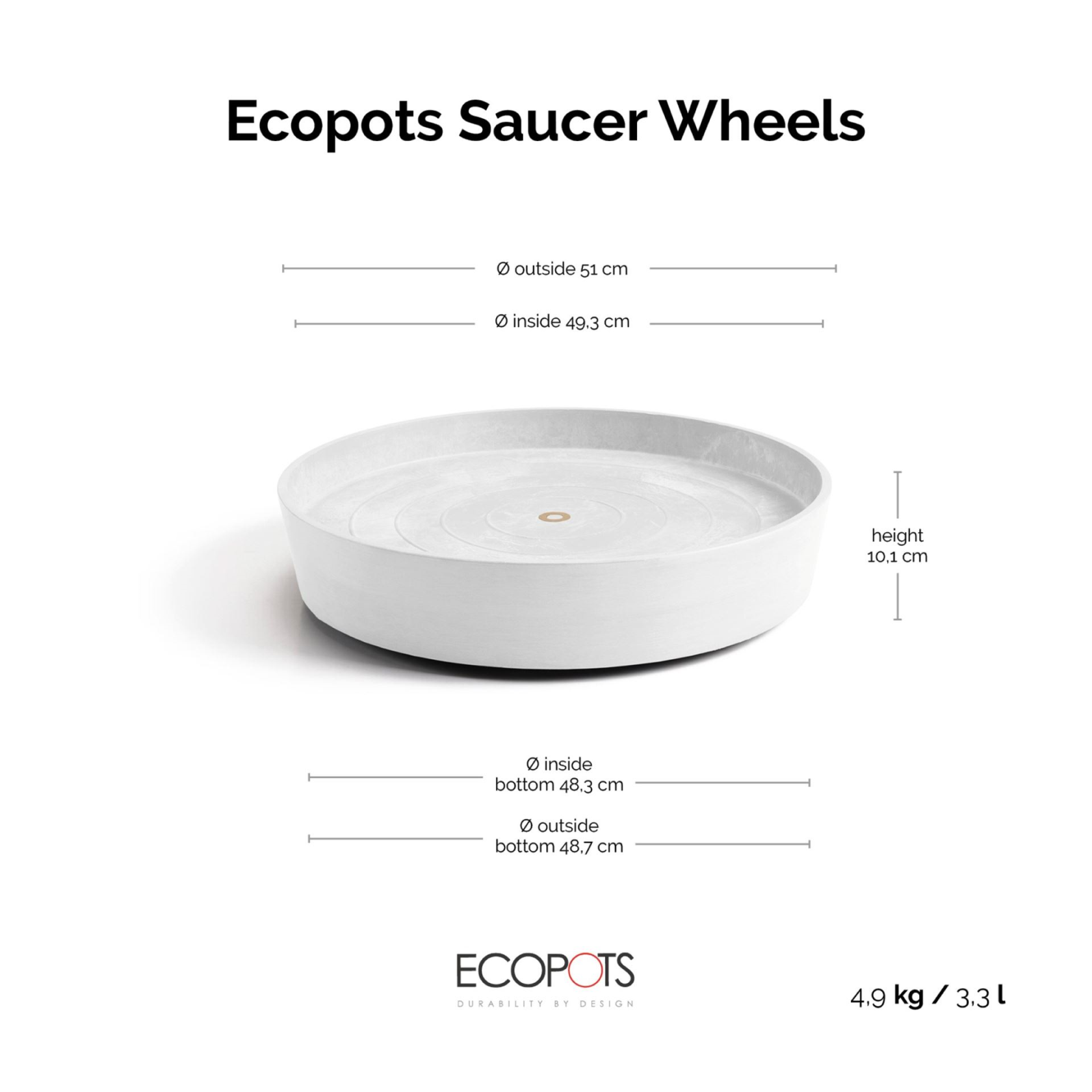 Ecopots onderschotel op wielen - Rond - Pure White - Diameter 51 x H10,1 cm