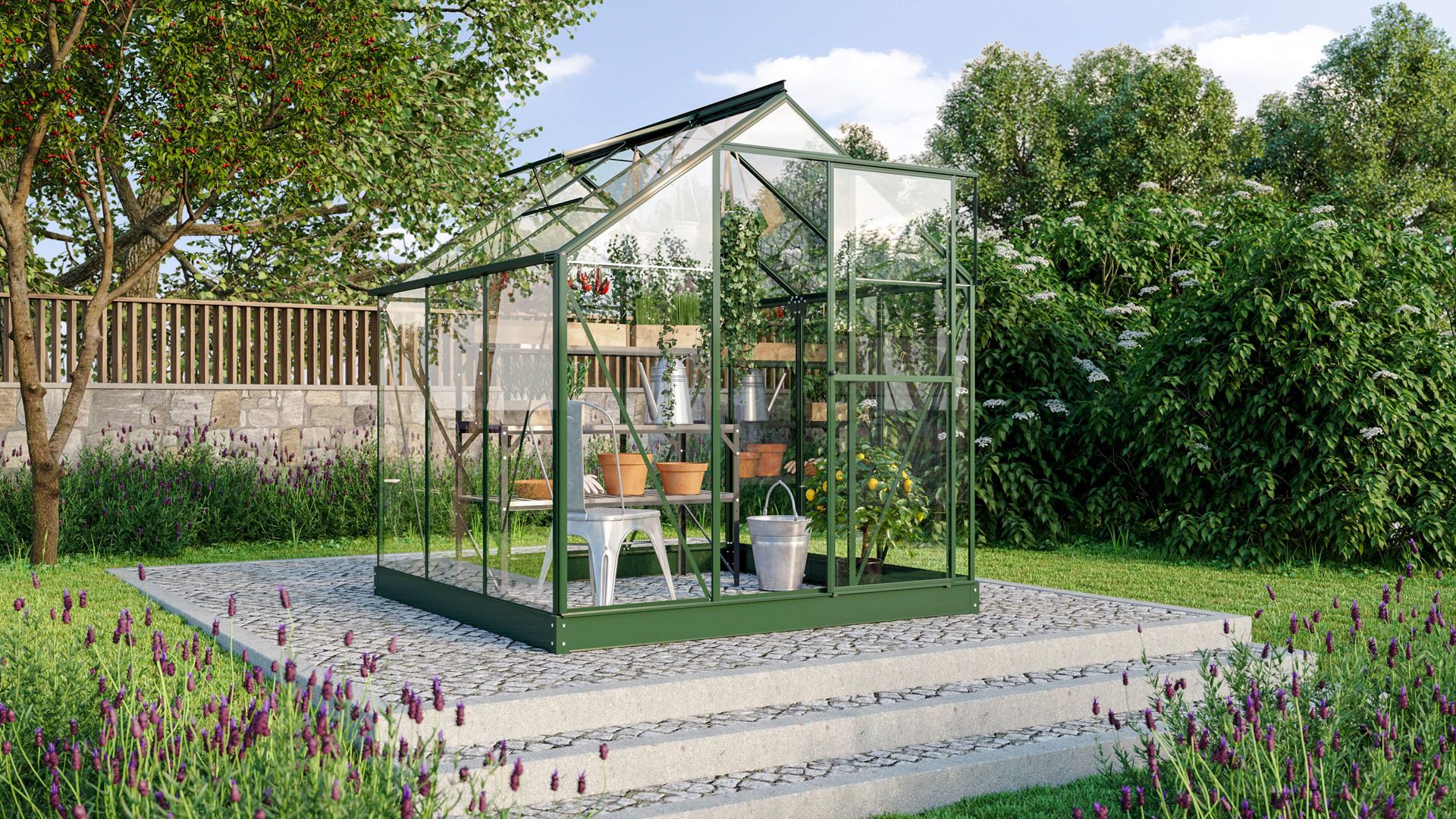 Serre Vitavia Triton 3,8m² avec verre de sécurité - Vert foncé - Avec porte flexible (porte à la française ou porte coulissante) et fondation