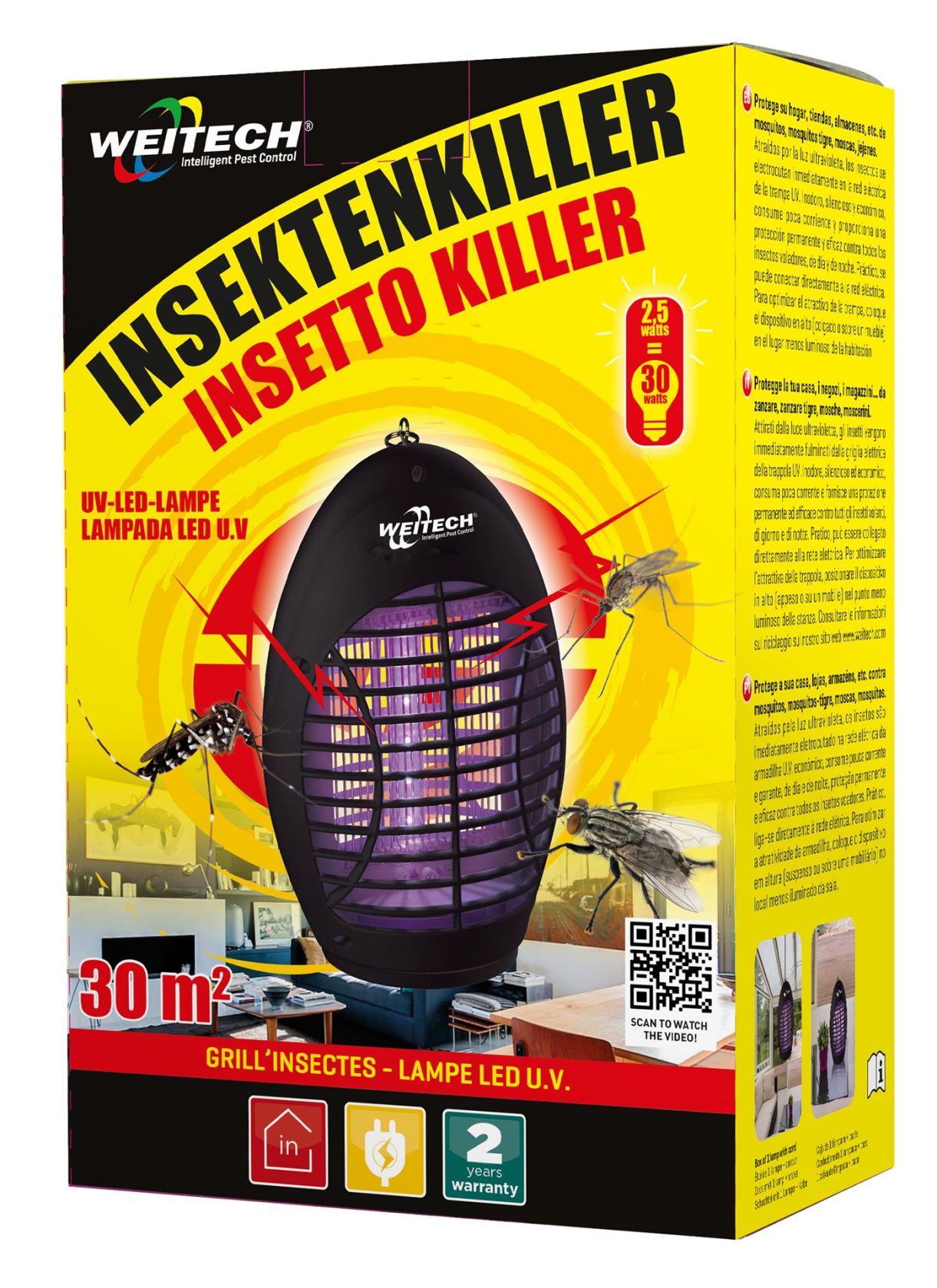 Weitech Inzzzector 3 - vliegenlamp met led 30m² (WK0115) slimme en compacte insectenlamp tegen vliegen, muggen en motten
