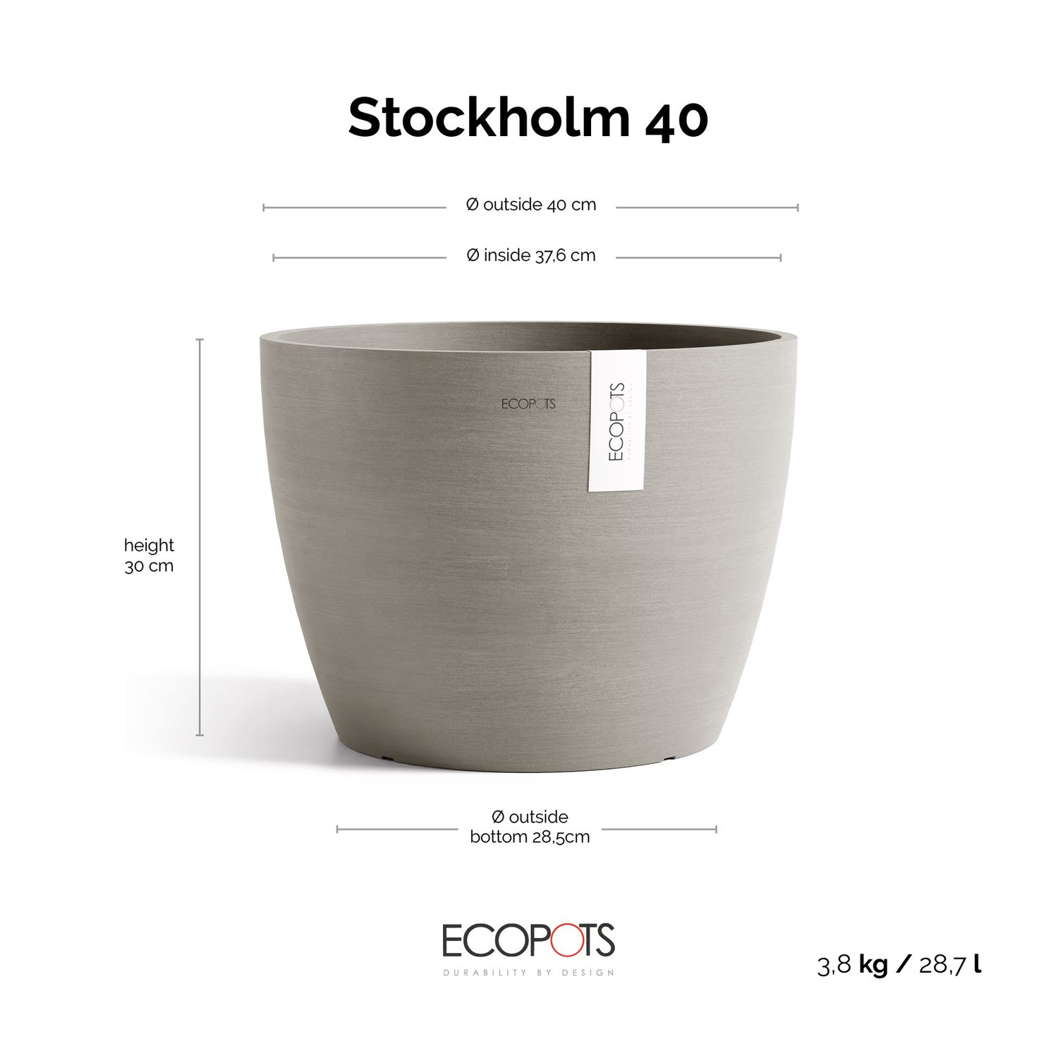 Ecopots flowerpot Stockholm 40 - Round - Taupe - Ø40 x H30 cm