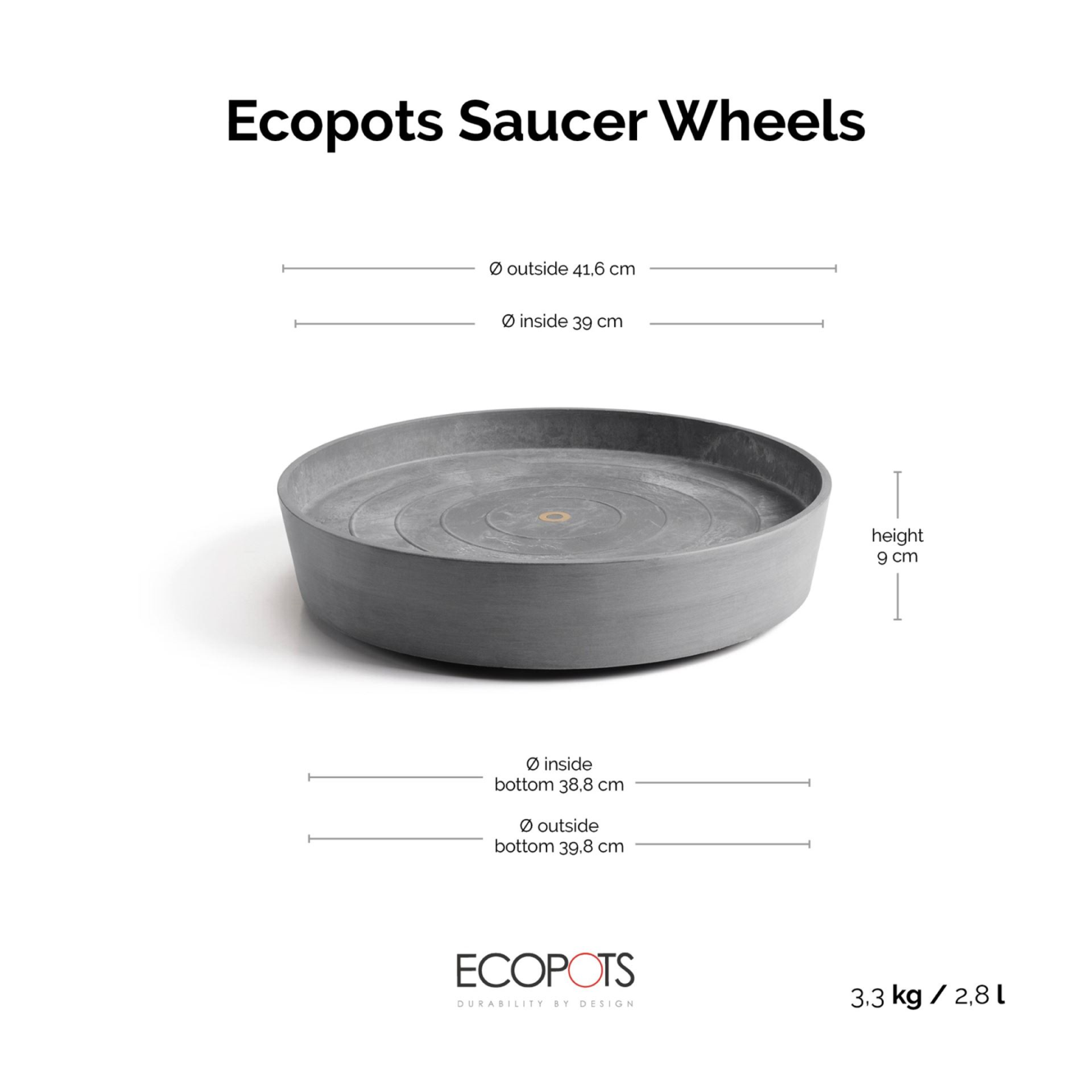 Ecopots saucer on wheels - Round - Grey - Diameter 41,6 x H9 cm