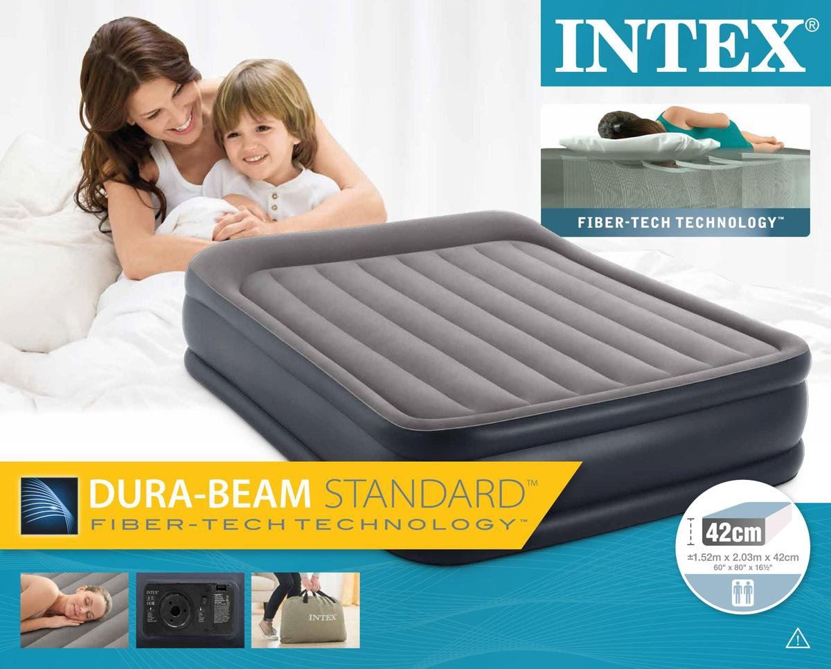 Intex Airbed Queen Deluxe Pillow Rest Raised - 203x152x42 cm - Avec pompe intégrée et sac de voyage