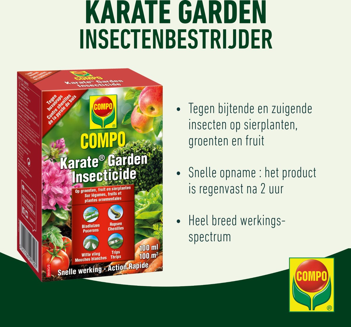 Compo karate garden 100ml - concentraat - insectenbestrijder - tegen bijtende en zuigende insecten - voor groenten, fruit en sierplanten - snelle werking - 100 m²