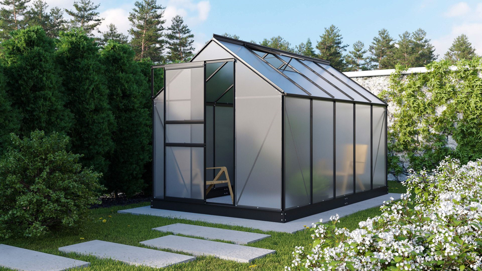 Serre Vitavia Planet 6.2m2 avec polycarbonate 6 mm - Noir - Avec porte coulissante simple (B61 cm) et fondation