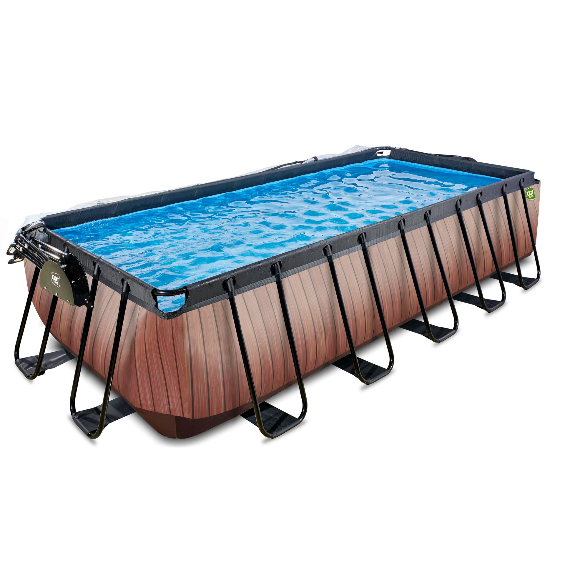EXIT-Wood-zwembad-540x250x122cm-met-zandfilterpomp-en-overkapping-en-warmtepomp-bruin