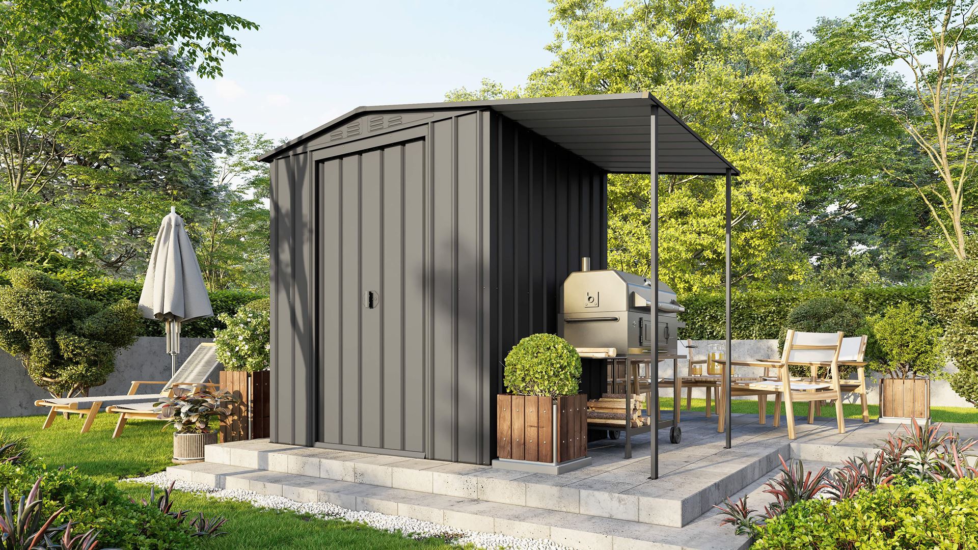 Vitavia garden shed Dream 65 - Anthracite - Extension with flat roof - Metal garden shed - L171 x W144 x H193 cm