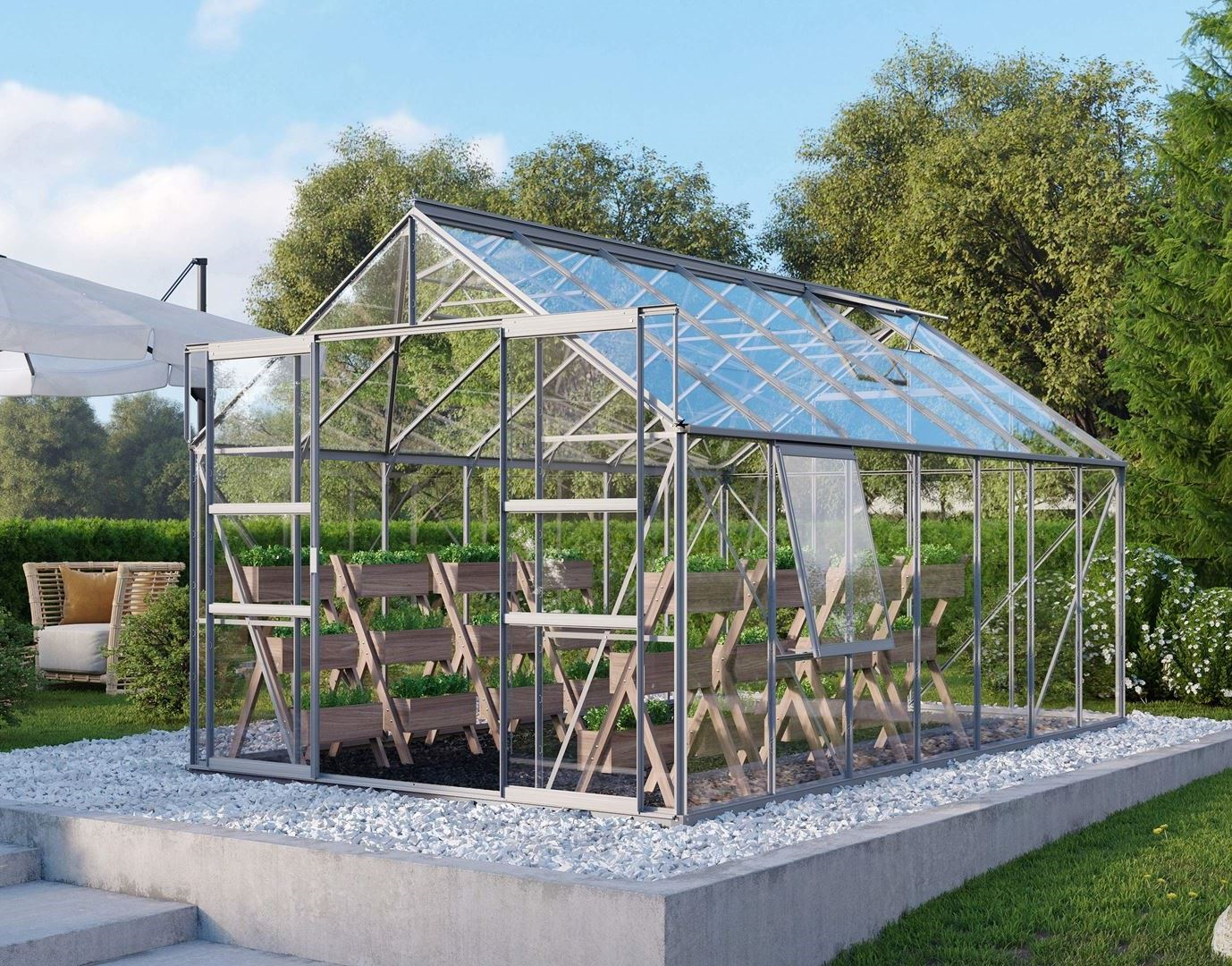 Vitavia Meridian 2 serre 11.5m² avec verre de sécurité - Aluminium - Avec double porte coulissante (L120 cm) et fondation