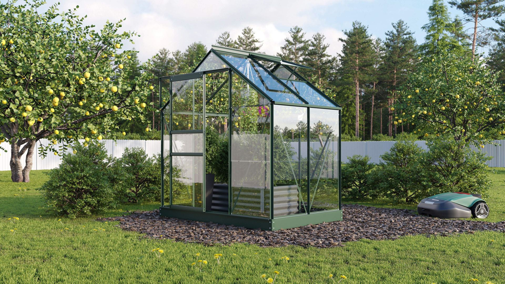 Serre Vitavia Planet 2.5m² avec verre de sécurité - Vert foncé - Avec porte coulissante simple (B61 cm) et fondation