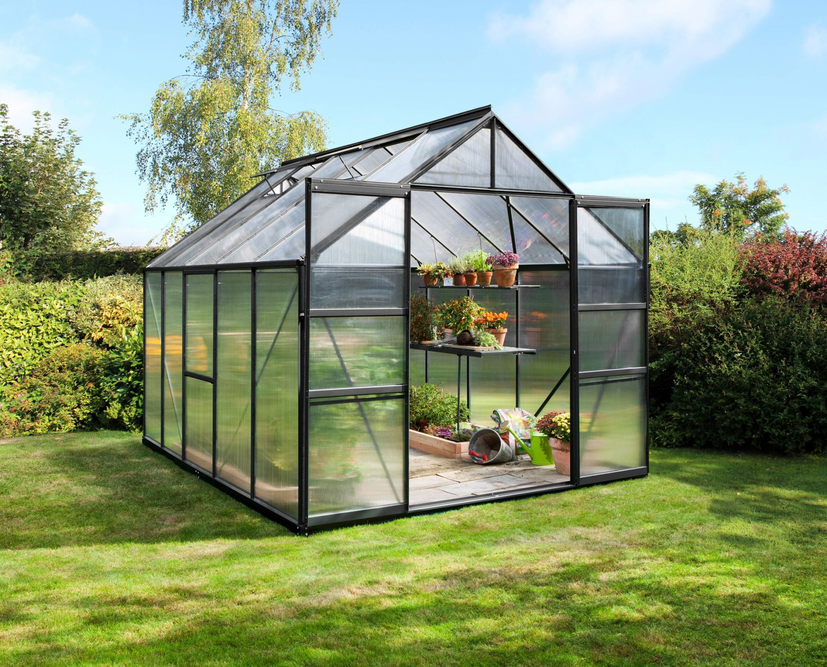 Vitavia Meridian 2 serre 8.3m² avec polycarbonate 4 mm - Noir - Avec double porte coulissante (L120 cm) et fondation