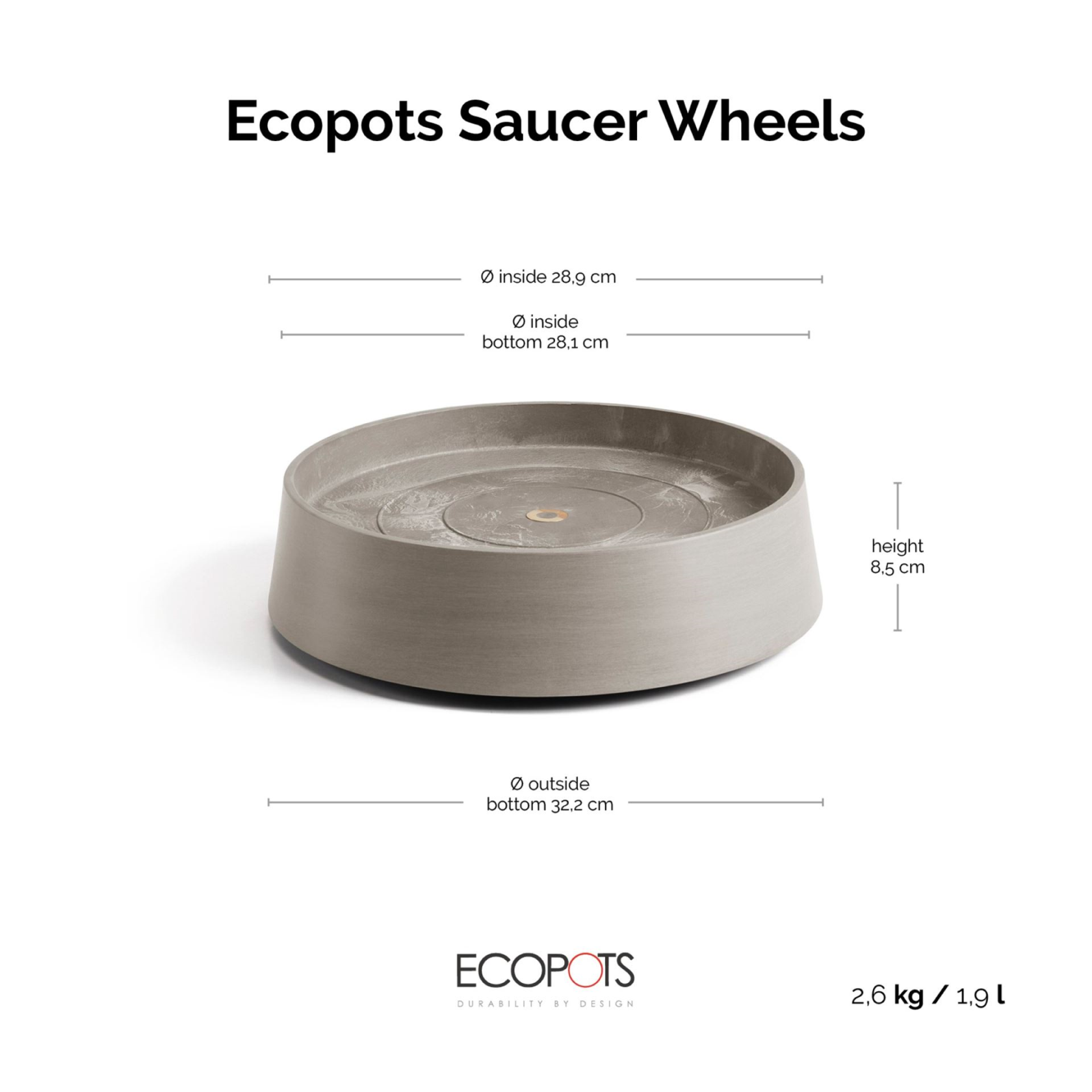 Ecopots onderschotel op wielen Oslo- Rond - Taupe - Diameter 32,2 x H8,5 cm
