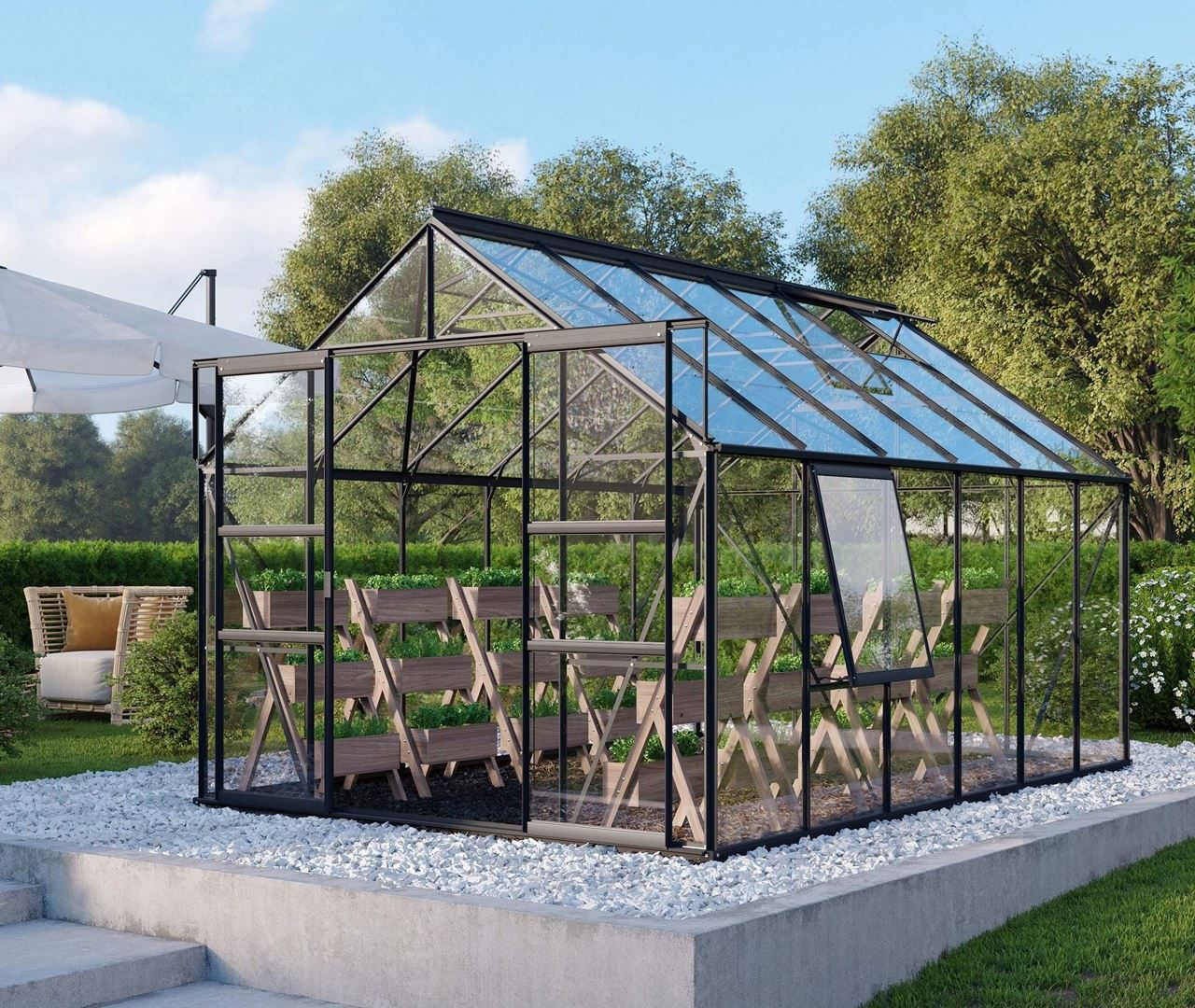 Vitavia Meridian 2 greenhouse 9.9m² with safety glass - Black - With double sliding door (W120 cm) and foundation