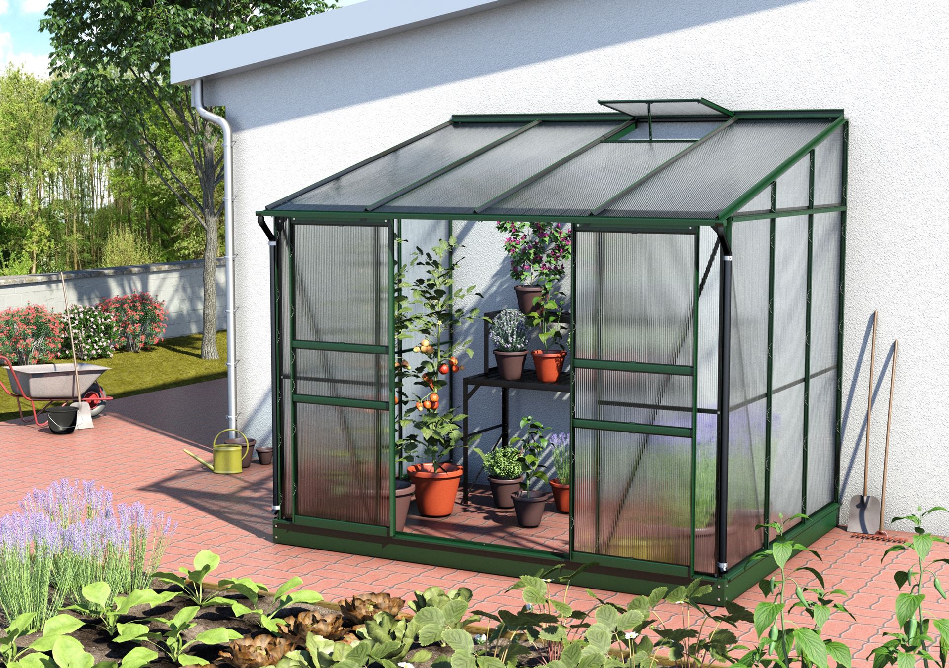 Vitavia Ida muurserre 5,2m² met 4 mm polycarbonaat - Donkergroen - Met dubbele schuifdeur (B120 cm) en fundering