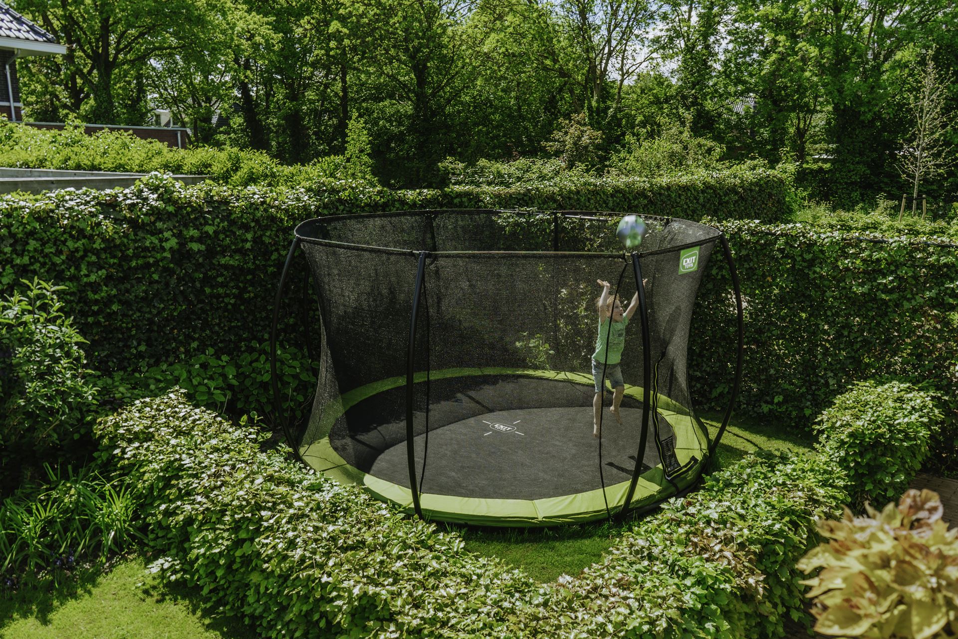 EXIT-Silhouette-inground-trampoline-366cm-met-veiligheidsnet-groen