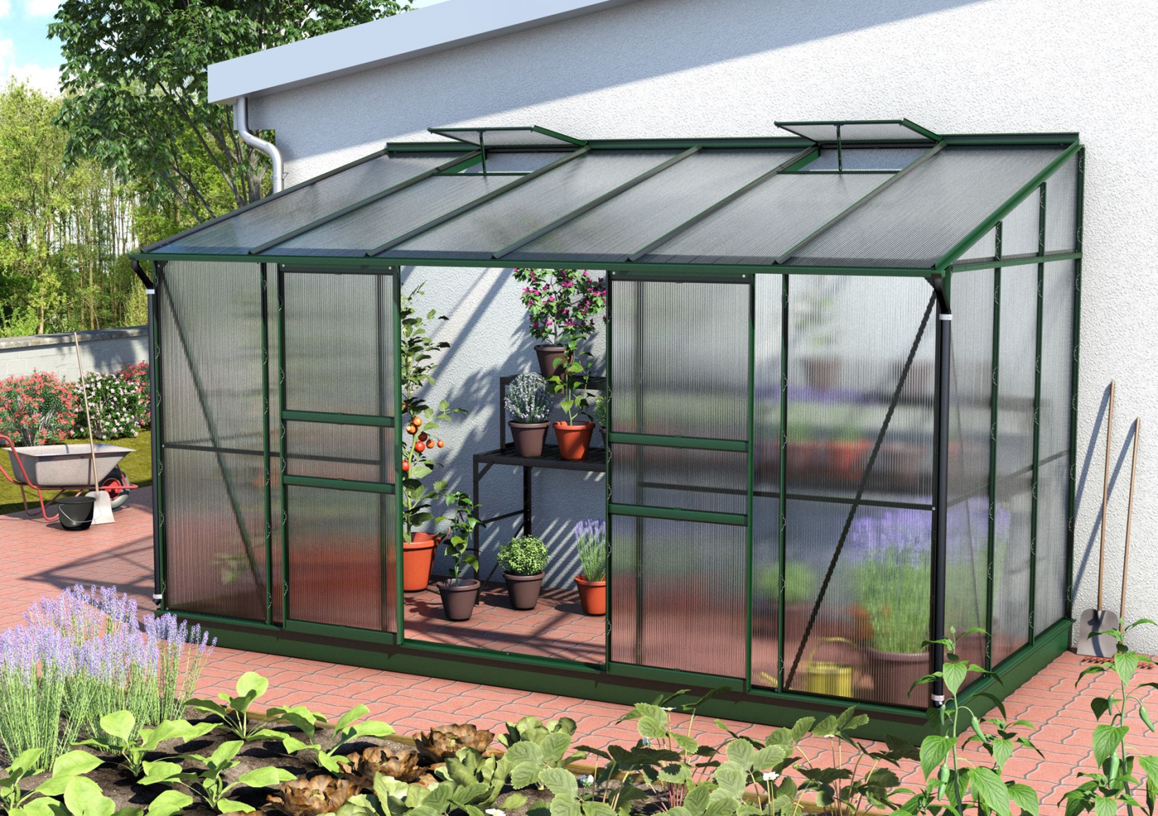 Vitavia Ida serre murale 7.8m² avec polycarbonate 6 mm - Vert foncé - Avec double porte coulissante (L120 cm) et fondation