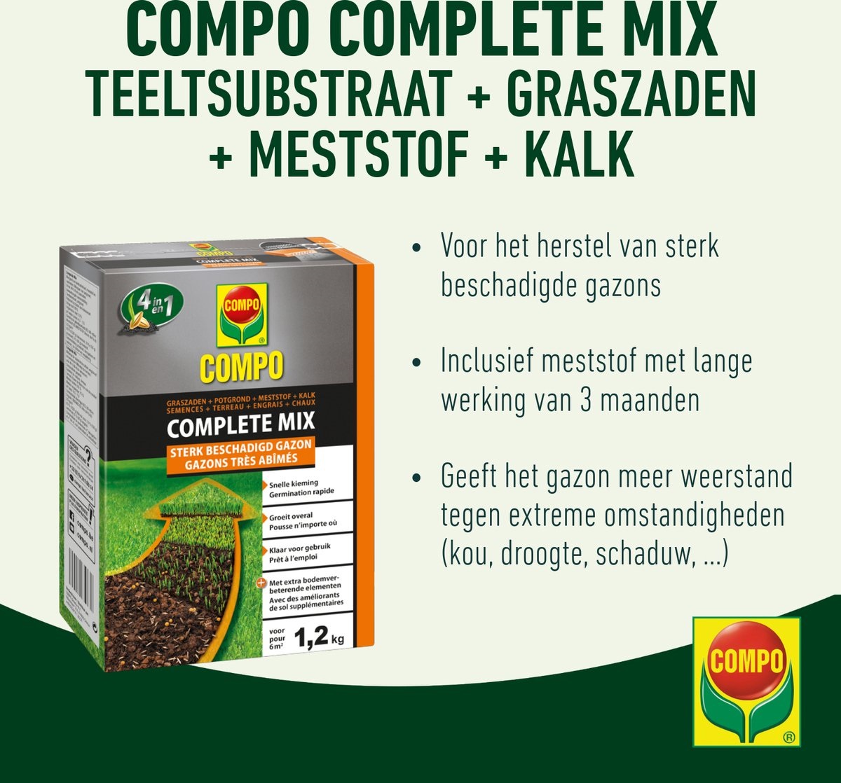 Compo Complete Mix 1.2kg - restaurer les pelouses gravement endommagées - 4 en 1 : graines de gazon, terreau, engrais + chaux - germination rapide - boîte pour 6 m²