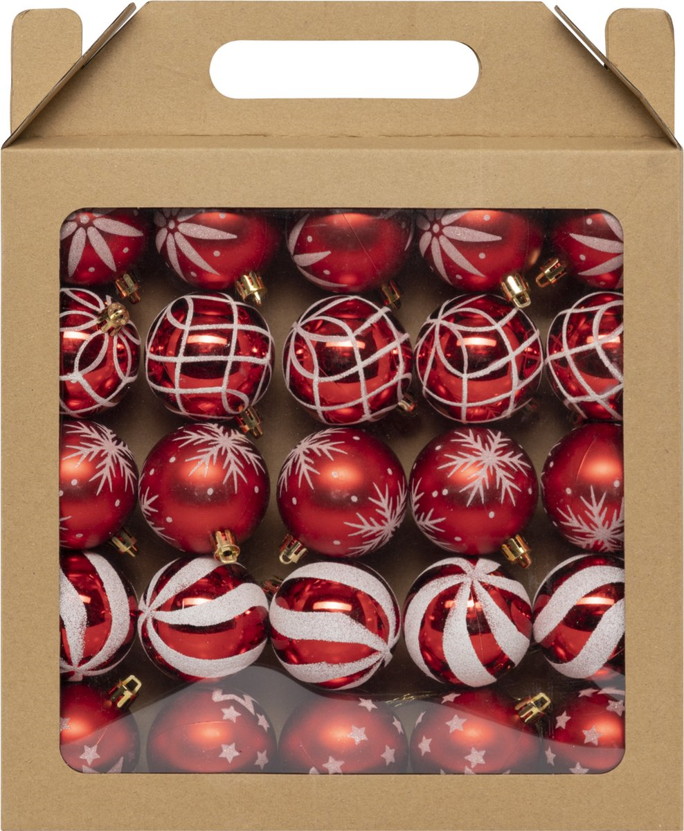 Feeric Boules de Noël - 25 pièces - 6 cm - Rouge/Blanc - Plastique - Mélange de brillant et de paillettes