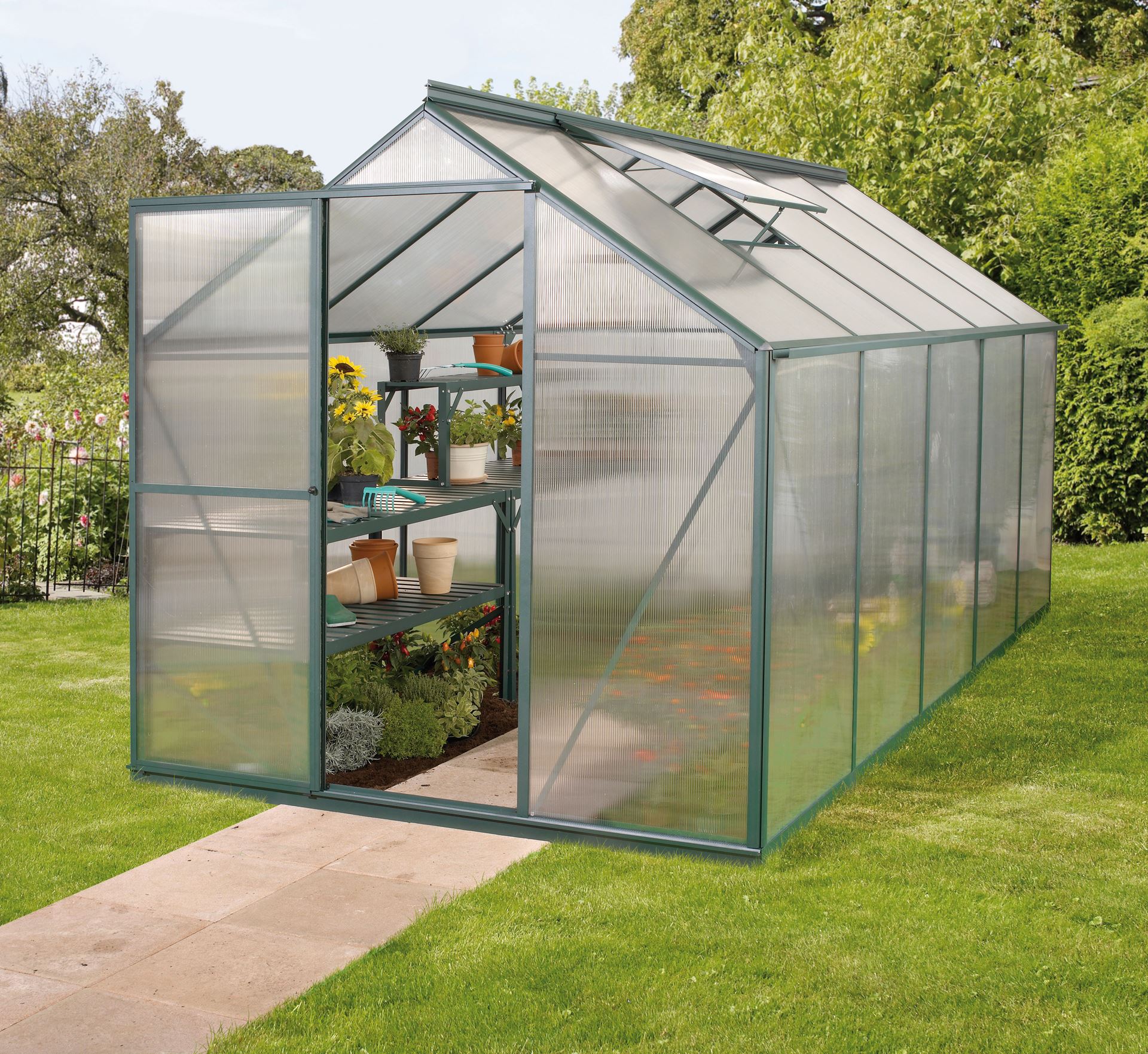 Triton-6200-HKP-4mm-donkergroen-Polycarbonaat-serre-Vrijstaand-B190-4-x-L315-x-H208-cm