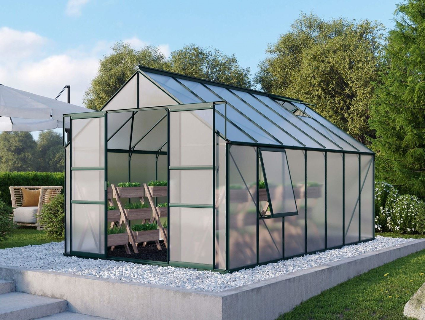 Vitavia Meridian 2 greenhouse 11.5m² with 6 mm polycarbonate - Dark green - With double sliding door (W120 cm) and foundation