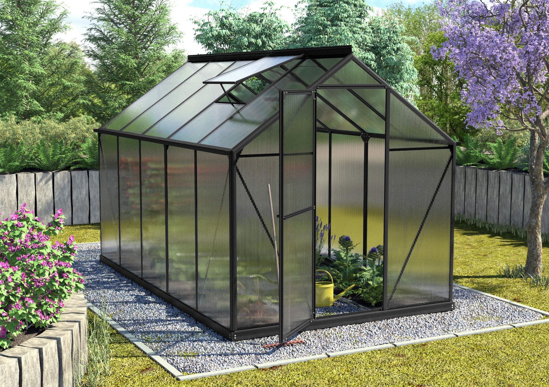 Vitavia Triton serre 6,2m² met 6 mm polycarbonaat - Zwart - Met flexibele deuropstelling (in te stellen als openslaande deur of schuifdeur) en fundering