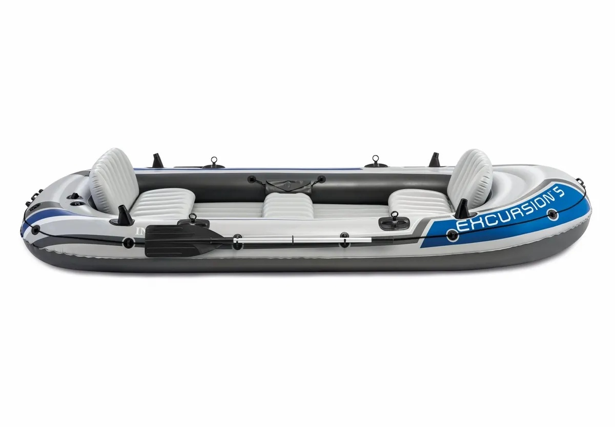 Intex Excursion 5 Inflatable Boat Set - 5 Persons - 366x168 cm - 3 Air Chambers - Fishing Rod Rests