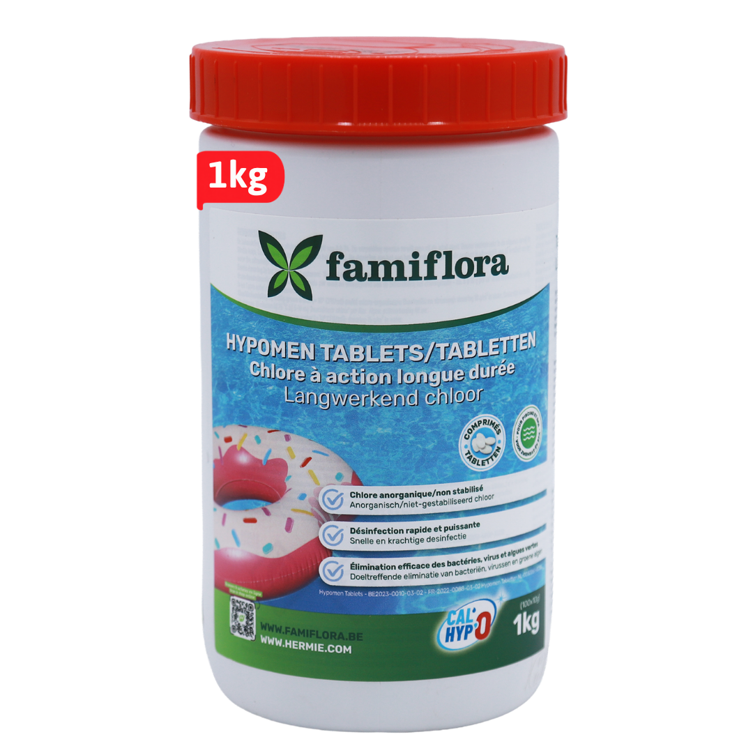 Famiflora - Hypomen langwerkend anorganisch chloor 1kg - 10g tabs (100x10g) - niet-gestabiliseerd chloor