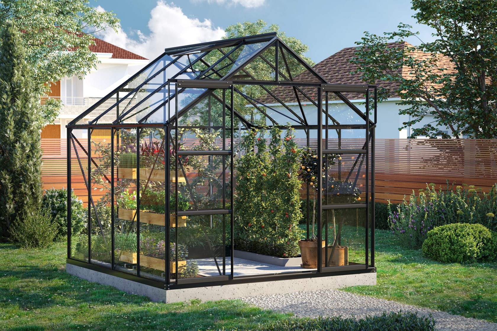Serre Vitavia Uranus 6.7m² avec verre de sécurité - Noir - Avec double porte coulissante (L120 cm) et fondation