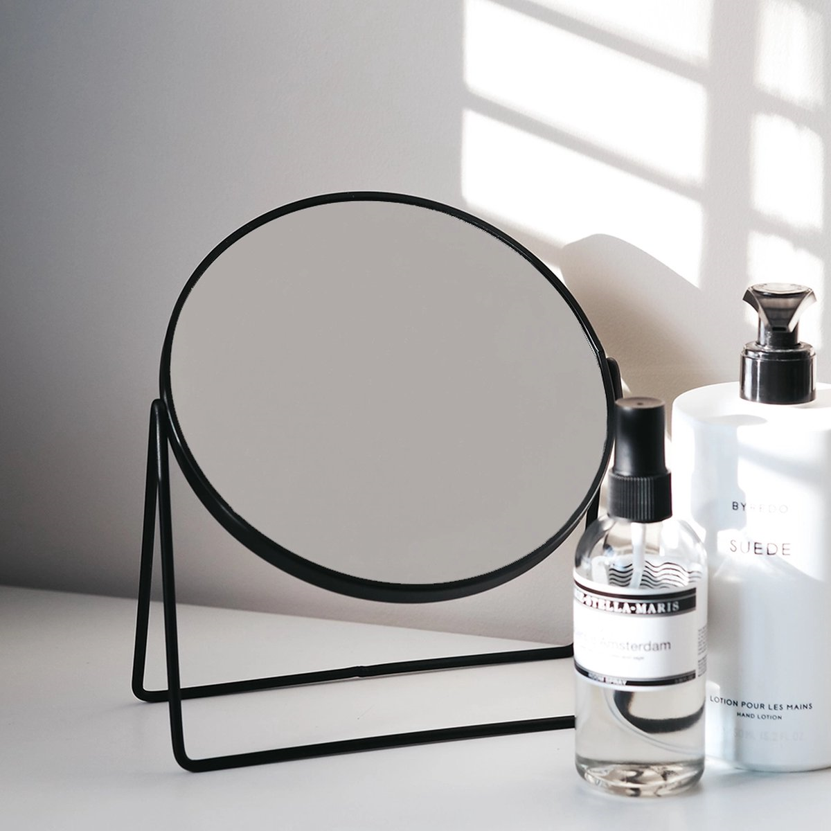 5Five Double Makeup Mirror - Black - On Stand - 180° Rotatable - Normal + 3x Magnifying